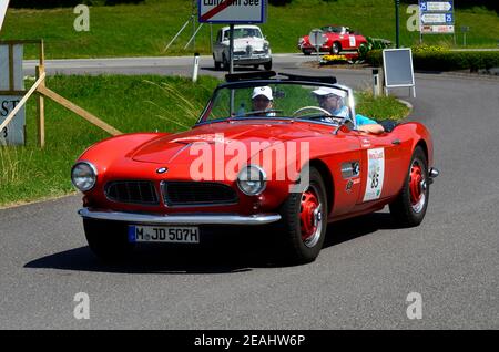 Lunz am See, Austria - July 19, 2013: BMW 507 on special stage by International Ennstal Classic 2013, a yearly tournament through Austria for vintage Stock Photo