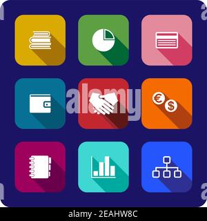 Flat business icons or buttons each on a different coloured background depicting the handshake, currency, purse, chart, graph credit card, notebook an Stock Vector