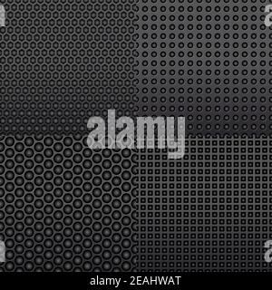 Four different repeat seamless carbon patterns in dark grey resembling an indented surface of shaded stippled shapes in square format Stock Vector