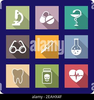 Flat medical and healthcare icons on colourful buttons depicting, a microscope, medication, pills, eyeglasses, dropper, laboratory flask, tooth, poiso Stock Vector