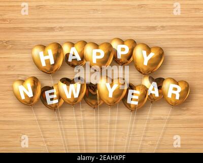 Gold happy new year heart shaped air balloons on a wooden background Stock Photo