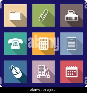 Set of flat office icons on colourful buttons including a file, printer, paper clip, fax, telephone, calculator, calendar, mouse and a document for we Stock Vector