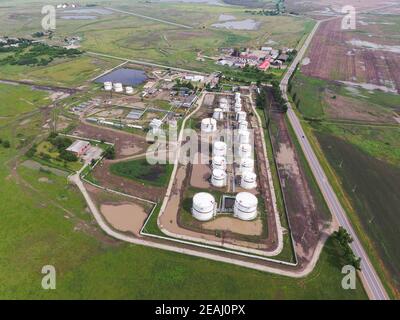 Aerial view of oil storage tanks. Industrial facility for the storage and separation of oil