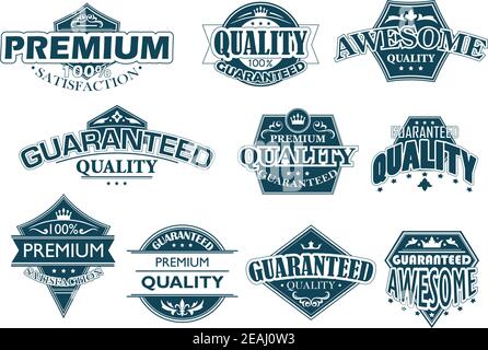 Collection of labels denoting Premium Quality with various texts including premium, quality, guaranteed, awesome and satisfaction on different shaped Stock Vector