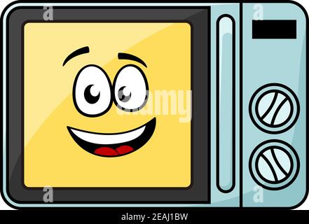 Cute cartoon microwave oven with a cheerful yellow smiling face behind the glass door, vector illustration isolated on white Stock Vector