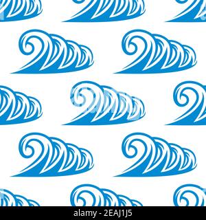 Seamless pattern of curling blue ocean waves with a repeat motif arranged in rows on a square format for wallpaper, tiles and fabric, vector illustrat Stock Vector