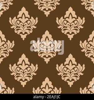 Seamless pattern with floral arabesques in repeat rows in brown and beige in square format for textile design Stock Vector