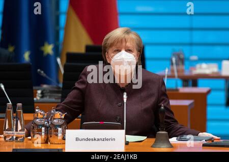 Berlin, Germany. 10th Feb, 2021. Chancellor Angela Merkel (CDU) attends a weekly cabinet meeting at the Chancellor's Office. Credit: Michael Sohn/POOL AP/dpa/Alamy Live News