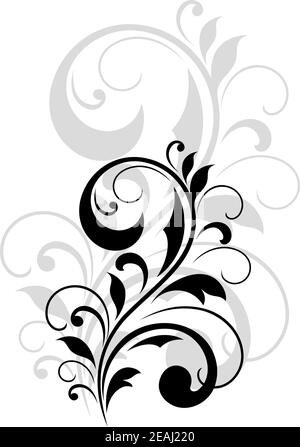 Pretty vintage swirling foliate design element in a dainty black calligraphic silhouette with a repeat enlarged motif in grey behind Stock Vector