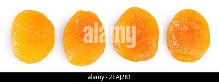 Dried apricots isolated on white background with clipping path and full depth of field. Top view. Flat lay. Set or collection. Stock Photo