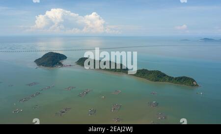 Aerial view fish farm near Pulau Aman and Pulau Gedong Stock Photo