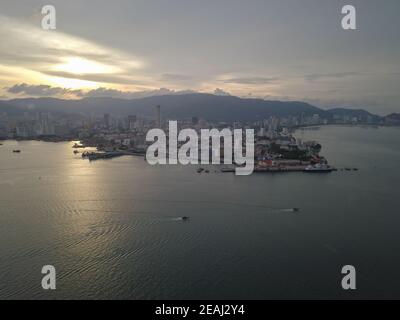 Aerial view two boats move at the sea Stock Photo