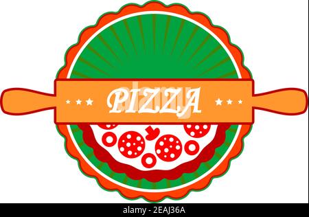 Pizza icon or label with an old-fashioned wooden rolling pin on a delicious pepperoni and mushroom pizza in green and brown, vector illustration isola Stock Vector
