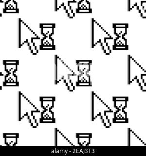 Black and white seamless pattern of a diagonal facing arrow and hourglass in square format with arrows pointing to the upper left corner, pixelated gr Stock Vector