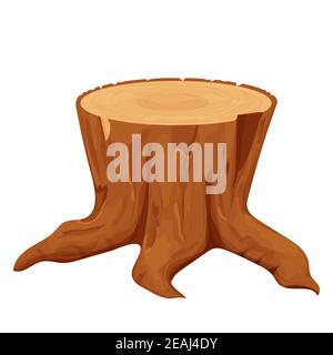 Stump of tree, detailed drawing in cartoon style isolated on white background. Log, outdoor forest chopped wooden material. Textured clipart stock. . Stock Vector