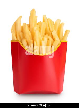 French fries or fried potatoes in a red carton box isolated on white background with clipping path and full depth of field. Stock Photo