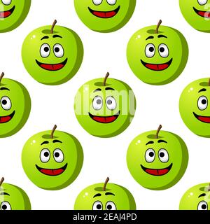 Seamless pattern of happy smiling green cartoon apples fruits for a healthy diet in square format, vector illustration isolated on white Stock Vector