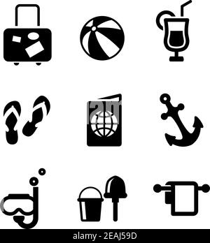 Set of silhouette summer vacation and travel icons depicting luggage,beach ball, cocktail drink, thongs, ticket, passport, anchor, snorkeling, bucket Stock Vector