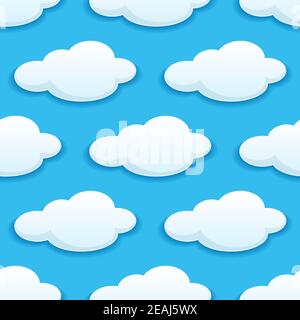 Seamless pattern of white fluffy clouds in a turquoise blue sky in square format suitable for wallpaper, tiles or textile Stock Vector