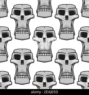 Seamless pattern of long stylized spooky Halloween skulls in a repeat motif in square format, black and white outline vector illustration Stock Vector