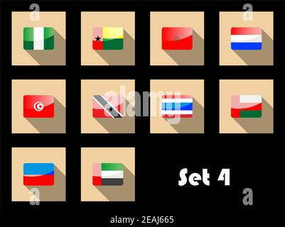 Flags of Nigeria, Guinea-Bissau, Morocco, Tunisia, Trinidad, Thailand, United Arab Emirates, Oman and Netherlands on flat icons Stock Vector