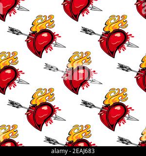 Seamless pattern of a flaming red heart pierced by an arrow symbolic of passion, desire, love and lust in square format, vector illustration on white Stock Vector