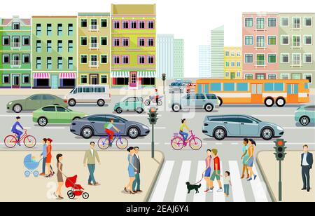 City with road traffic, apartment buildings and pedestrians on the sidewalk, illustration Stock Photo