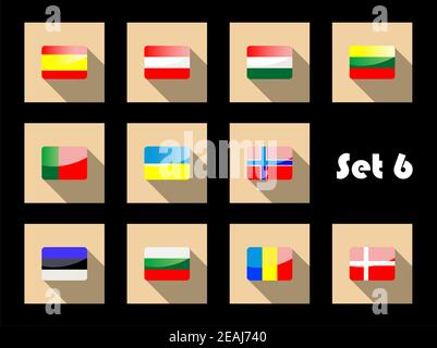 European flags icons of Spain, Austria, Hungary, Lithuania, Belarus, Ukraine, Norway, Estonia, Bulgaria, Romania, Denmark in flat style Stock Vector