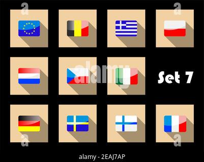 Flat flags icons of european countries of Belgium,Greece, Poland, Holland, Greece, Italy, Czech Republic, Germany, Sweden, Finland, France Stock Vector