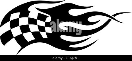 Flaming black and white checkered flag tattoo used in motor sport conceptual of the flames from the exhausts of the speeding bikes and cars, vector il Stock Vector