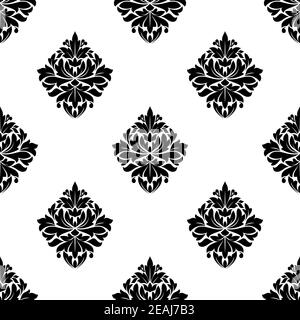 Black and white seamless pattern of diamond shaped floral arabesque motifs arranged in a repeat pattern with a wide white border in square format suit Stock Vector
