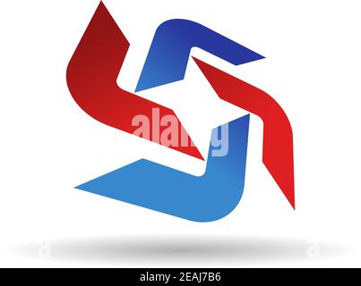 Abstract symbol of red and blue boomerang shapes arranged in a circle with an oblique receding perspective on white Stock Vector