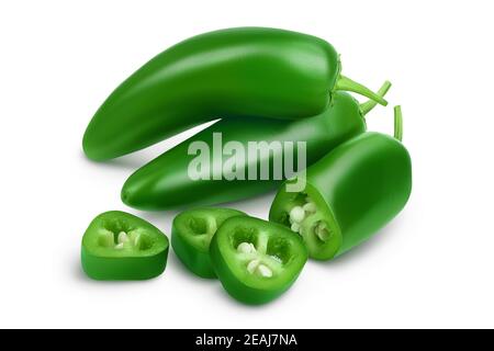 jalapeno peppers isolated on white background. Green chili pepper with clipping path and full depth of fiel. Stock Photo