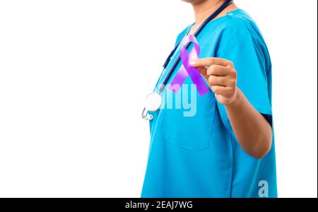 woman doctor blue uniform hold purple ribbon on hand Stock Photo