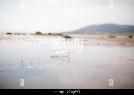 Littered Plastic Bottles Floating in a Puddle in the Middle of the Sand Stock Photo