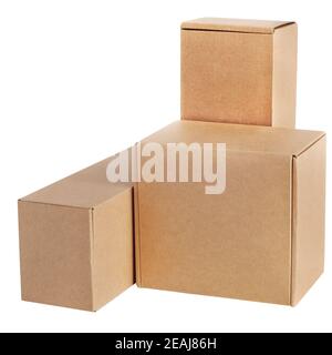 Cardboard boxes for goods on a white background. Different size. Isolated on white background. Stock Photo