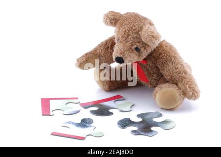 Teddy bear playing with a jigsaw on white Stock Photo
