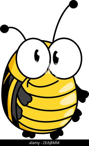 Happy smiling fat little yellow bumble bee with large googly eyes standing upright, cartoon vector illustration on white Stock Vector