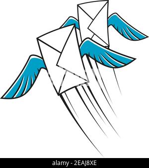 Airmail postage icon with two winged envelopes flying through the air at speed with motion trails, cartoon sketch Stock Vector