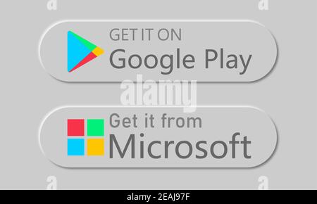 Google Play Store and Microsoft Store Buttons. Mobile app download button with shadow. Neumorphic modern design. Isolated on grey background. Vector e Stock Vector