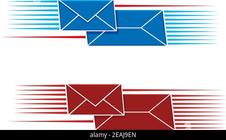 Two snail mail icons with two envelopes, one long one small, with a pattern of parallel lines on either side in red and blue, vector illustration on w Stock Vector