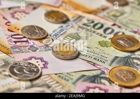Banknotes and coins background, Hungarian Forints Stock Photo