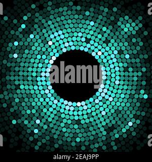 Abstract pattern of graduated turquoise shiny dots or circles going from the darkest at the outer edge around a central black hole or vortex with copy Stock Vector