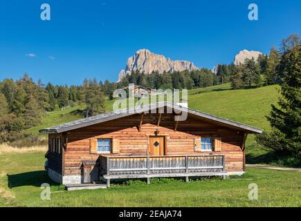 Huts on Seiser Alm, Alpe di Siusi, South Tyrol Stock Photo