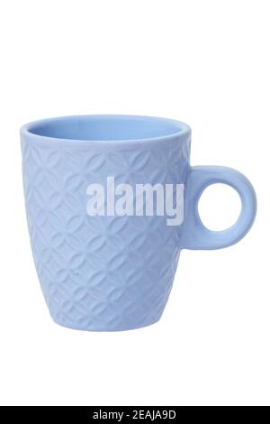 Mug of coffee. Closeup of a blue ceramic mug or tea cup isolated on a white background. Macro. Stock Photo