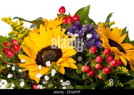 Flower bouquet isolated. Bouquet of beautiful fresh sunflowers top view isolated on a white background. Flower decorations design element. Birthday, Mother day and other festivals. Stock Photo