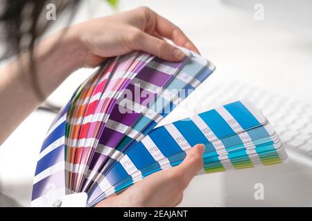 Graphic designer chooses colors from palette guide for painting and printing a new creative business work Stock Photo