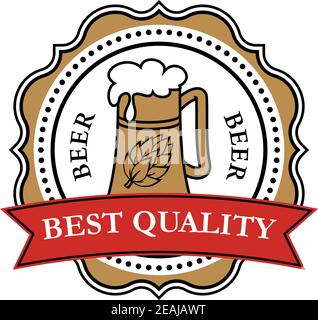 Retro brewery label with beer tankard, red ribbon and decorative elements Stock Vector