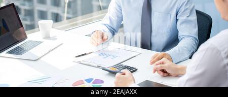 Business partner in sales strategy meeting at office table panoramic banner background Stock Photo