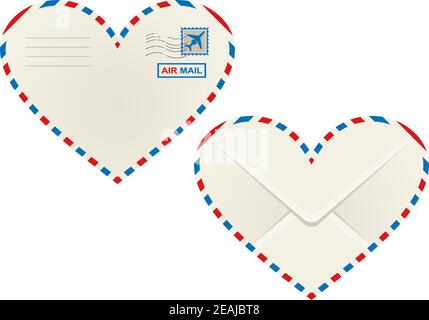 Heart shaped airmail envelope outlined in the striped red and blue airmail sign with the front view showing a postage stamp and rear view the flap Stock Vector